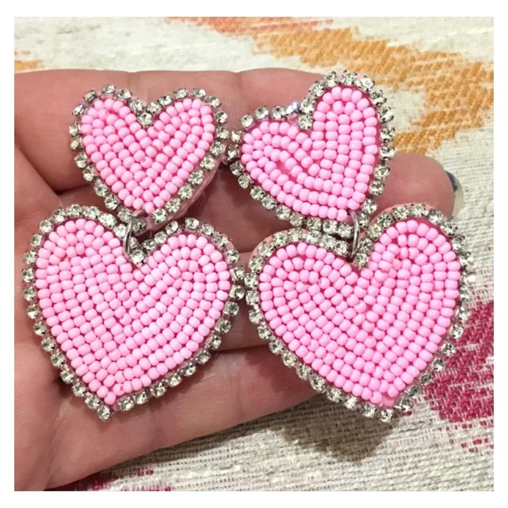 New! Large Pink Bead Rhinestone Hearts Studded Earrings